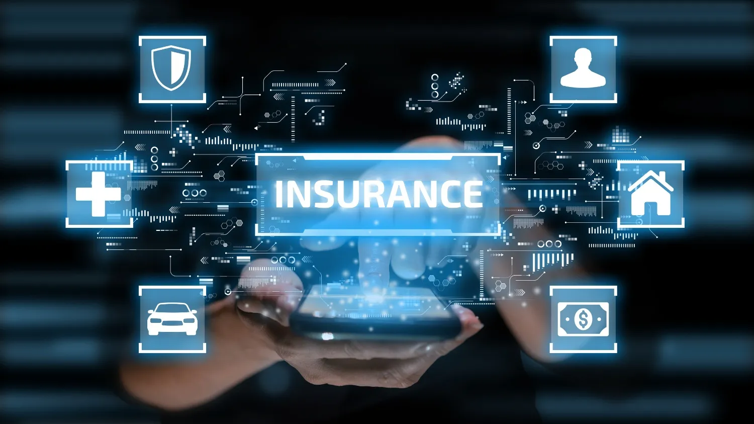 A person holding a phone with an animation of different insurances.